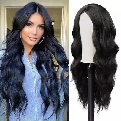 Fashion Black Long Curly Wigs Women Natural Body Wavy Hair Cosplay Wig 80cm • £7.49