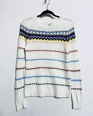 J Crew Fair Isle Sweater Womens Medium Pullover Merino Wool Ivory White • $29.66