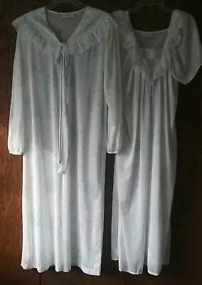 Vtg Peignoir M Ivory Multi Floral Nylon Lace Nightgown Matching Robe 2 Pc Set • $59.99