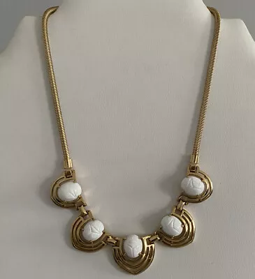 Beautiful Vintage Joseph Mazer Signed Gold Tone White Scarab Glass Necklace • $125