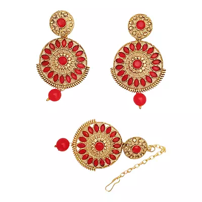 New Bridal Maang Tikka Earrings Pearl Kundan Wedding Red Gold Tone Indian Set • $23.64