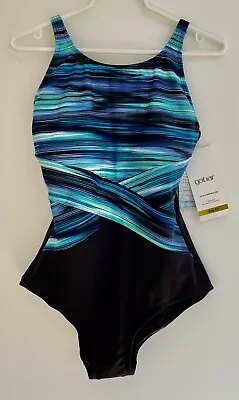 Gabar High Neck One Piece Swimsuit Black/Sea Blue Green Stripe $80 Size 14 • $39.99