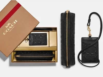 Coach Boxed Pencil Case And Id Lanyard Set In Black Signature Leather New W/ Box • $152.47