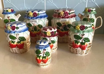 Vintage Ceramic 3D 'Strawberry Jam Jar' Canisters W/Lids Kitsch Retro VGC • $20