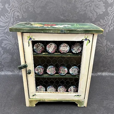 Vintage Wood Tole Painted Curio Spice Cabinet Herb Apothecary 12 Glass Jars • $59