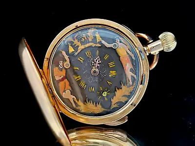 Antique 1900s 18k Gold Rare Automation Erotic Repeater Swiss Hunter Pocket Watch • $5999