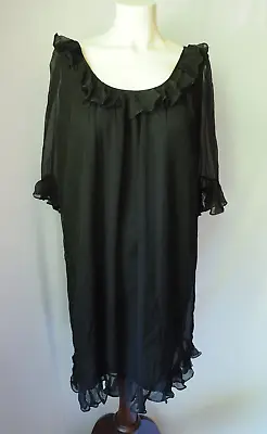 Miguelina 'Lisa' Crinkle Silk Chiffon Shift Dress W/Silk Lining Black Ruffle S • $45