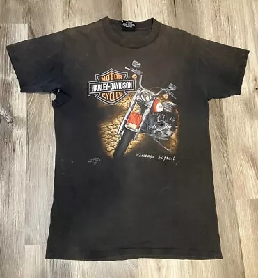 VINTAGE 1991 3D Emblem Harley Davidson Heritage Softail Shirt Thrashed Tacoma WA • $79.99