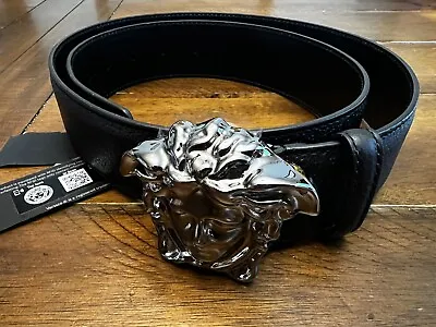 NWT Mens Versace Silver Medusa Black Leather Belt Size 90 / 36 • $239.20