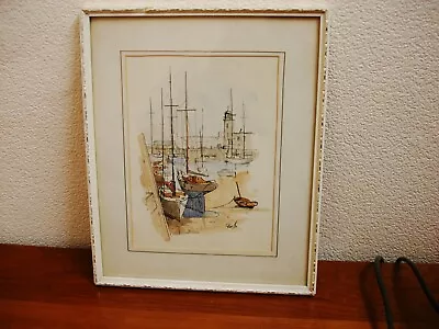 Vintage Water Colour Wash With Ink Drawings Of Harbour Peir  Lighthouse & Boats  • £14.50