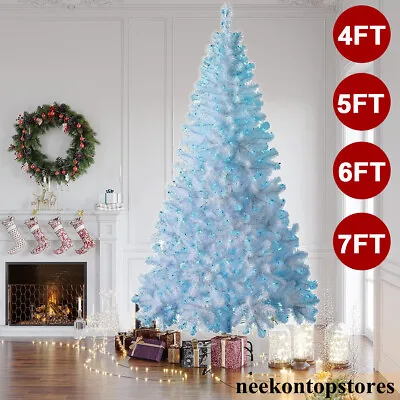 4/5/6/7ft White Christmas Tree With Blue LED Lights Metal Stand Bushy Pine Xmas • $57.33