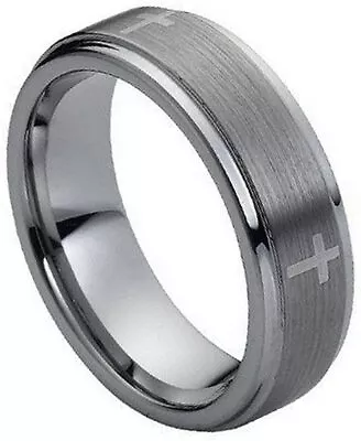 7mm Tungsten Carbide Stepped Edge Brushed Center With Cross Wedding Band Ring • $33.60
