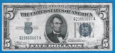 1934 C $5 Silver Certificate NoteBlue SealCirc Very FineNice! • $7.50