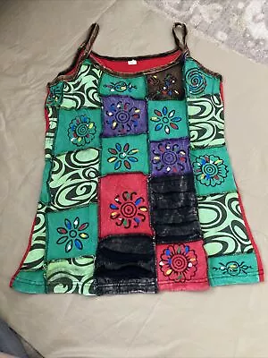 Made In Nepal Patchwork Hand Painted Boho Hippie Tank Top Cotton SZ Medium • $21