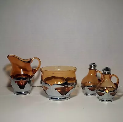 Cambridge Farber Bros. Krome Kraft Amber Glass  SugarCreamSalt & Pepper Set 4 • $39.95