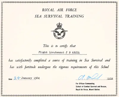 RAF Royal Air Force Seal Survival Training Certificate Abell Mount Batten 1984 • £14.99