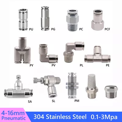 Stainless Steel Pneumatic Push In Fitting Connector Elbow Tee Straight Air Line • $4.61