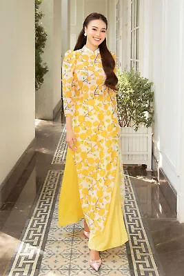 Ao Dai L Voan Tơ  Hoa Mai Vàng 4 Tà Ngực 85 Eo 76 Cm Pants Included • $41