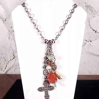 $80 • Buy Sterling Silver Pendant Necklace Tassel Natural Stone Maltese Cross Pearl 16 
