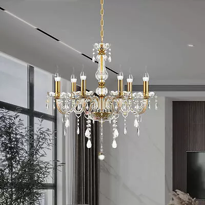 6 Arms Gold & Clear Chandelier Crystal Glass Ceiling Light Drop Pendant Lamp • £48.98