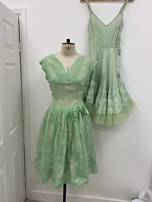 £195 • Buy Vintage 1950s Dress With Petticoat Rockbilly Pin Up Organza Floral Size 12 Green