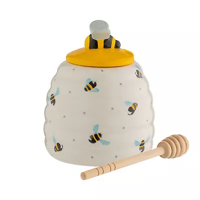 450ml Ceramic Honey Pot With Wooden Drizzler Dipper SweeT Bee Jar Storage Boxed • £13.95