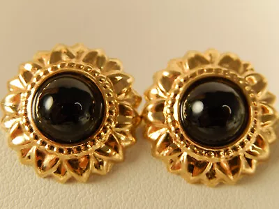 14k SUNFLOWER BLACK ONYX STUD EARRINGS LARGE Vintage MINT Pierced • $207.20