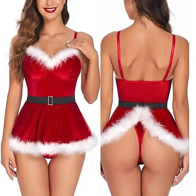 Women's Velvet Mrs Claus Santa Christmas Costume Outfits Dress Bodysuit + Belts • $12.58