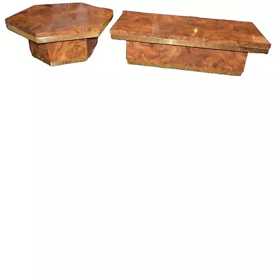 Mid Century Milo Baughman  Burled Walnut Brass Coffee Table Set Hexagon Table • $3000