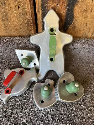 5 Tin Vintage Cookie Cutters Gingerbread Man Rooster Red Green Wood Handle • $14.89