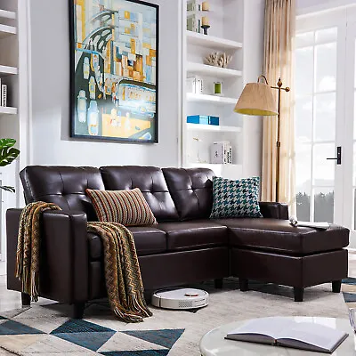 Faux Leather Sectional Sofa L-Shaped Couch Reversible Chaise Small Space Brown • $469.99