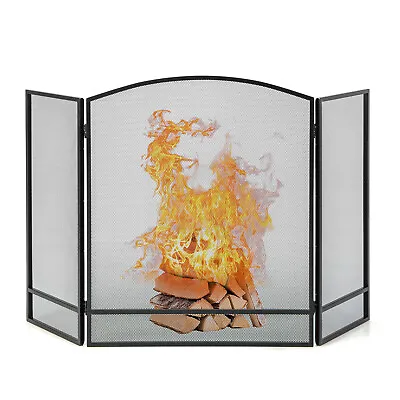 3-Panel Fireplace Screen Foldable Wrought Metal Iron Mesh Fire Spark Guard Black • $55.99