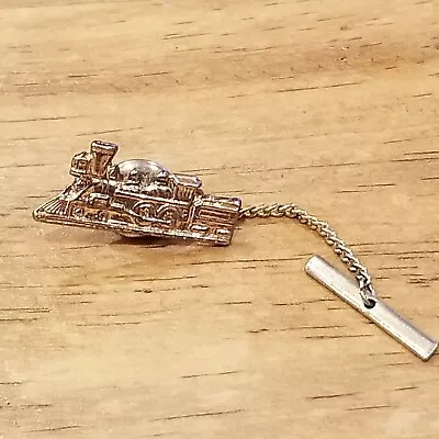 $8.94 • Buy Vintage Train Tie Pin Tack With Chain Locomotive Engine Gold Tone