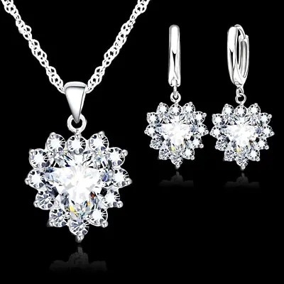 925 Sterling Silver Clear Cubic Zirconia Heart Crystal Necklace And Earring Set • £5.39