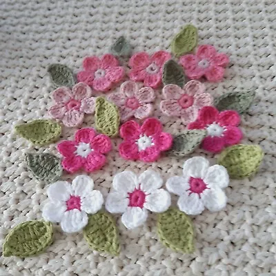£8.50 • Buy 24Pcs Handmade Crochet Flowers &Leaves Pink Embellishment Applique Patches 