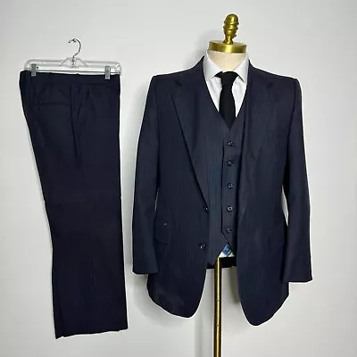 Vtg 3 Piece Suit Mens Blue Stripe 100% Wool 42R 34W Great Gatsby • $119.99