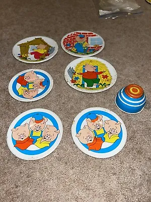 Vintage  Three Little Pigs  Tin Litho  Story Time Tea Set  Ohio Art 7 Pieces • $15