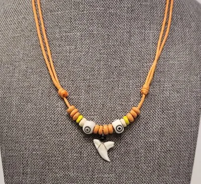 Fossil Shark Tooth Pendant Surfer Necklace For Men | Wood Beads • $15.95