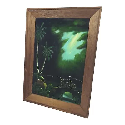 Vintage Black Velvet Painting Tropical Landscape Signed Yuzo Framed Mid-Century  • $124