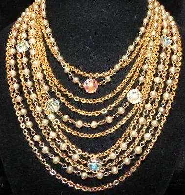 Vintage Lisner 11 Strand Faux Pearl AB Crystal Bead Gold Tone Chain Bib Necklace • $17