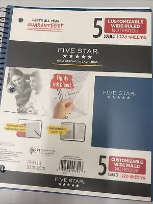 NEW Five Star Mead 5 Subject Customizable Wide Ruled Notebook 220 Sheets Blue • $10.49