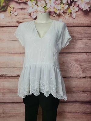 $18.85 • Buy ZARA Women's Tunic Bohemian Top Size XS Short Sleeves Cream Embroidered Ruffled