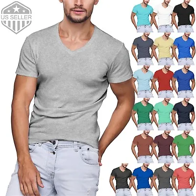 Mens V Neck T Shirts Plain Basic Tee Short Sleeve Cotton Big Size Casual Slim • $12.99