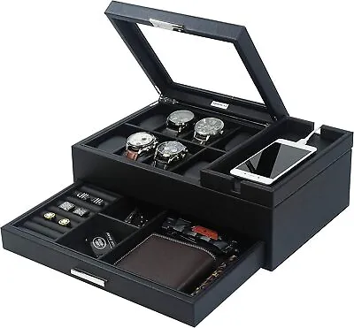 Executive Men Jewelry Box Valet Tray W/ Drawer Storage Box Organizer Nightstand  • $119.99