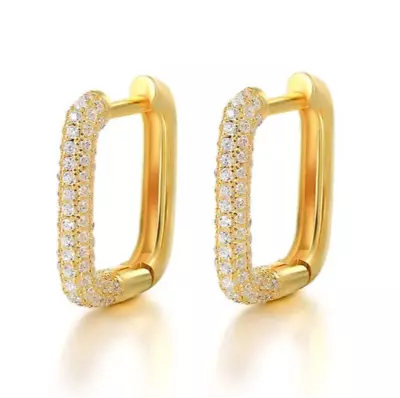 Exquisite Micro Pave 14K Gold Plated Rectangular Cubic Zirconia Hoop Earrings • $11.95