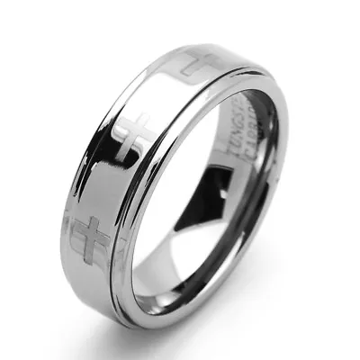 Men 7MM Tungsten Carbide Wedding Band Laser Engraved Cross Flat Tungsten Ring • $24.99