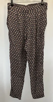 Trousers H&M Black Mix Leaf Print Size 8 W28” L28” Elastic Waistband Viscose  • £8.79