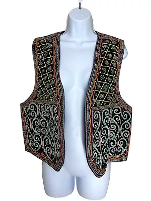 Carol Horn Vest Women’s OS Black Beaded Scrolls Art To Wear BOHO Hippie VINTAGE • $19.99