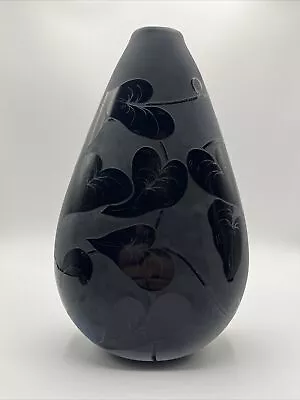 Signed Vandermark 7003B Leaves &  Vines Cameo Black Art Glass Vase 9 3/4” • $299.99