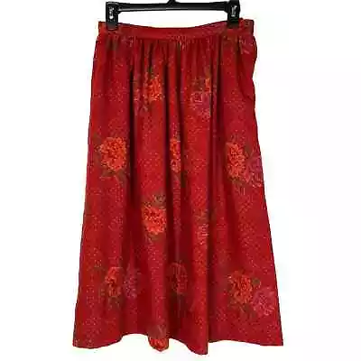 Vintage Evan Picone Red Floral Skirt Pockets 10 Maxi Print Saffron Brick • $34.99